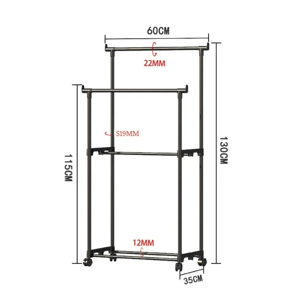 Double-Rod Clothes Rack Clothes Rack With Hooks Hanging Clothe Organizer For Bedroom Movable Bedroom Clothing Hanger With Wheels