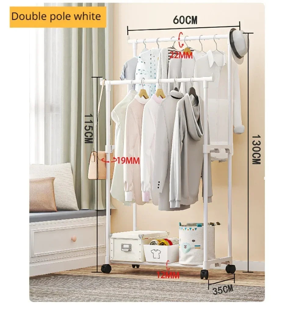 Double-Rod Clothes Rack Clothes Rack With Hooks Hanging Clothe Organizer For Bedroom Movable Bedroom Clothing Hanger With Wheels