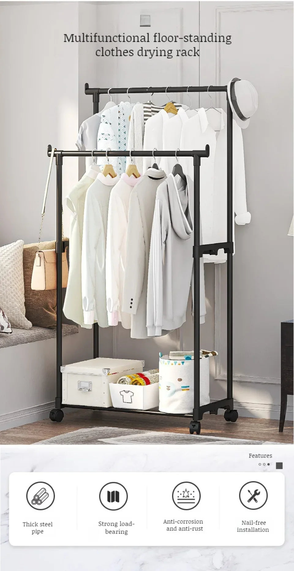 Double-Rod Clothes Rack Clothes Rack With Hooks Hanging Clothe Organizer For Bedroom Movable Bedroom Clothing Hanger With Wheels