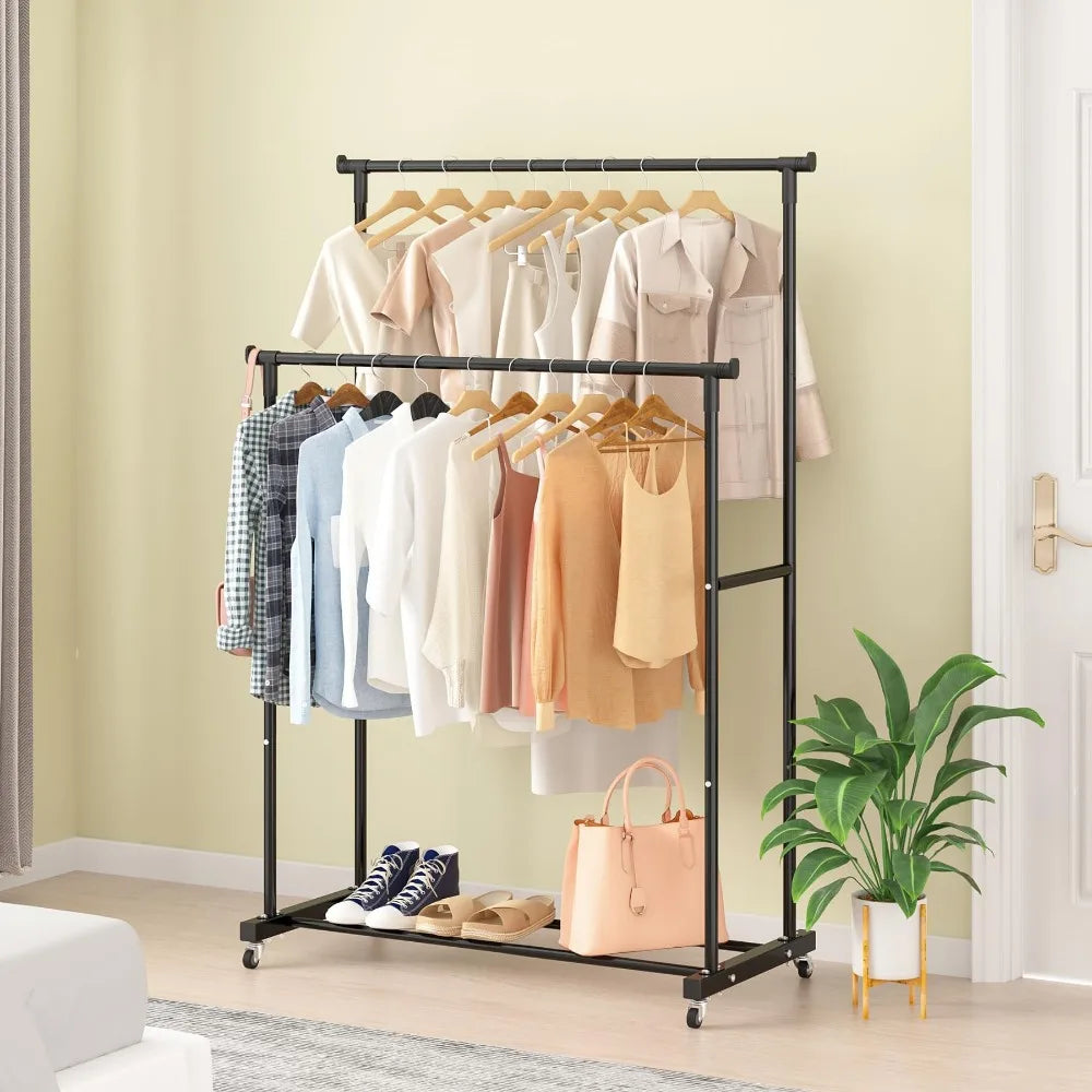 Double-Rod Clothes Rack Clothes Rack With Hooks Hanging Clothe Organizer For Bedroom Movable Bedroom Clothing Hanger With Wheels