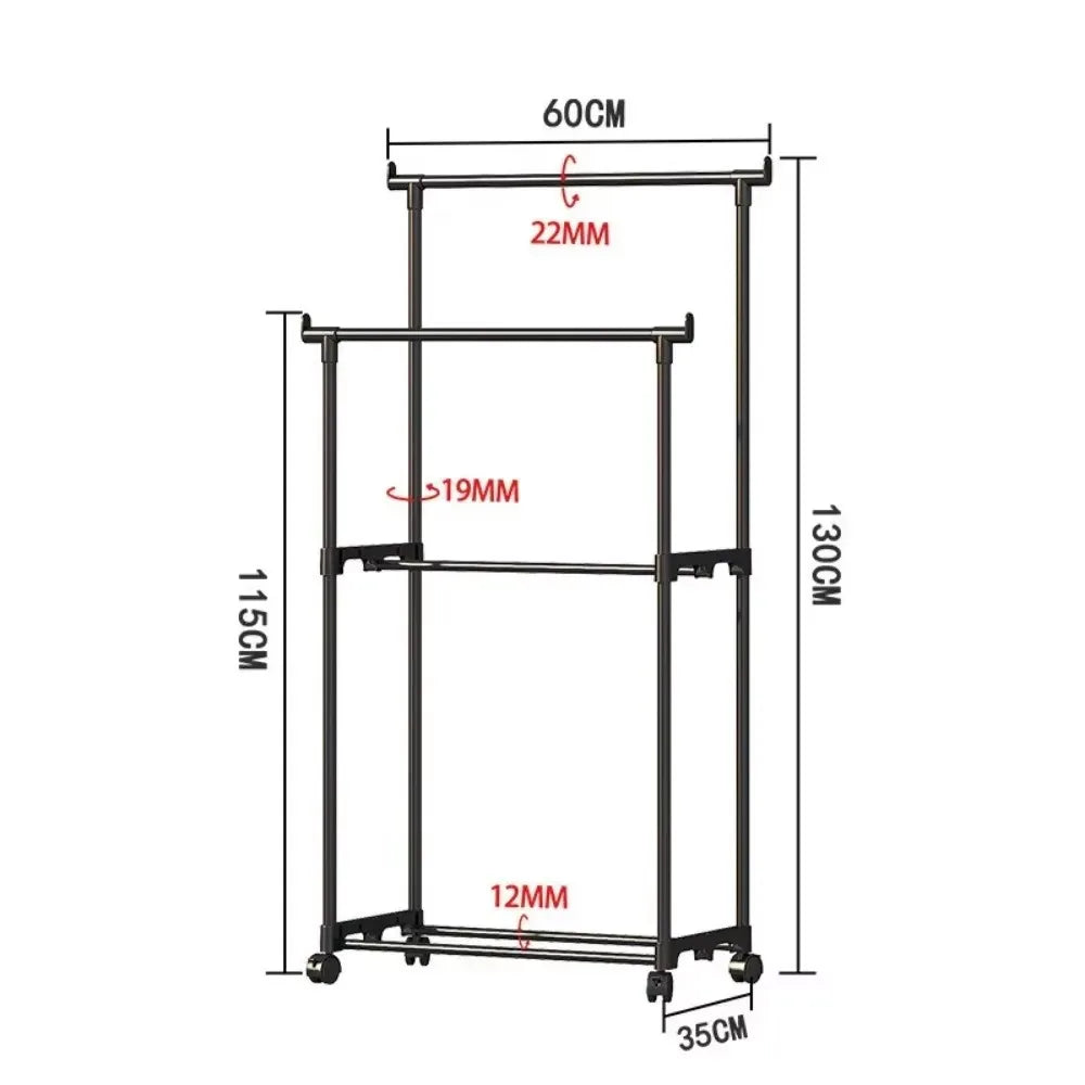 Double-Rod Clothes Rack Clothes Rack With Hooks Hanging Clothe Organizer For Bedroom Movable Bedroom Clothing Hanger With Wheels