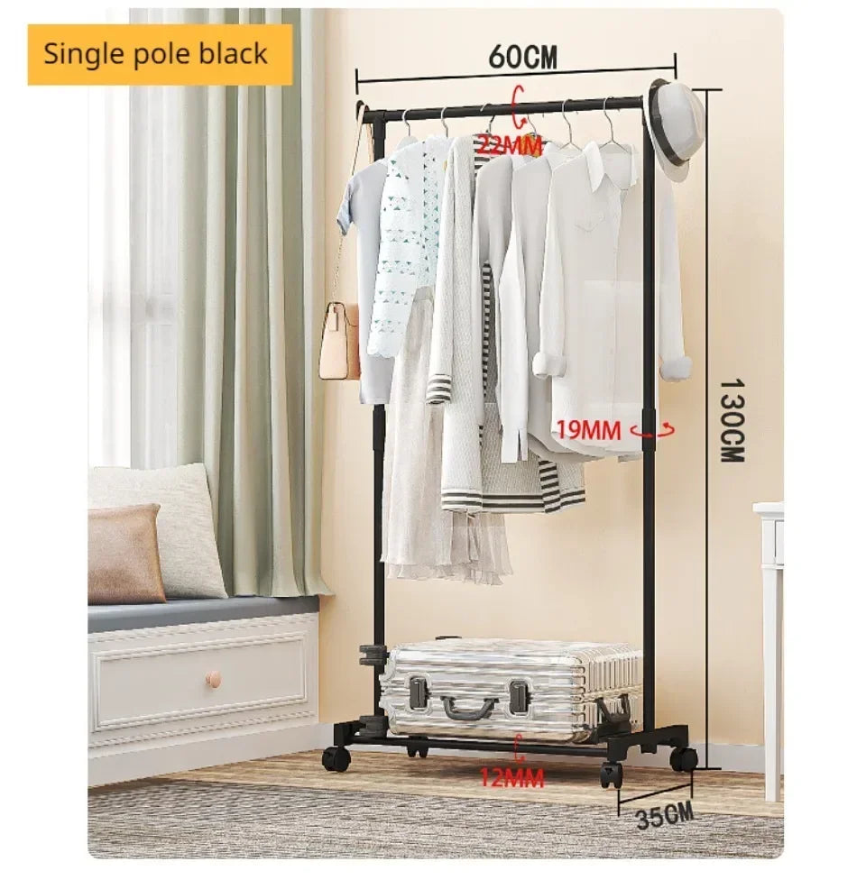 Double-Rod Clothes Rack Clothes Rack With Hooks Hanging Clothe Organizer For Bedroom Movable Bedroom Clothing Hanger With Wheels