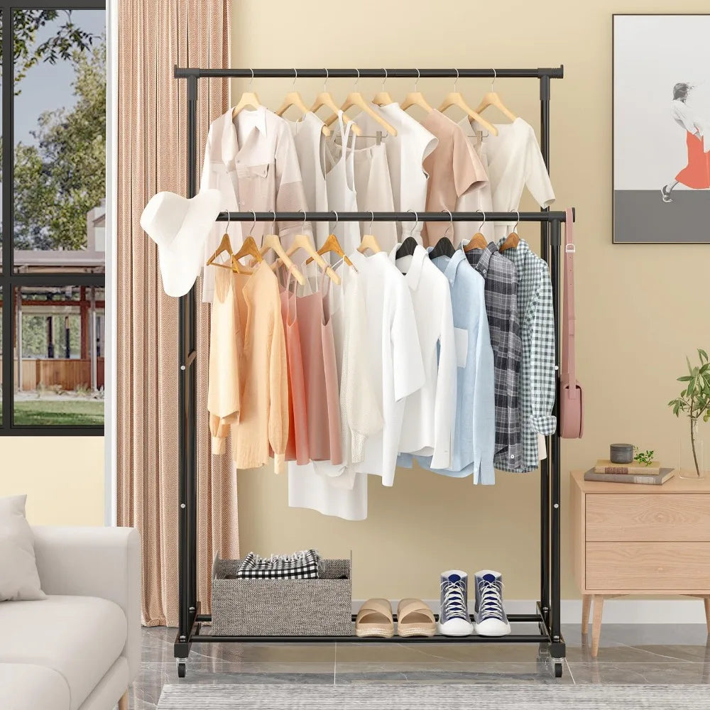 Double-Rod Clothes Rack Clothes Rack With Hooks Hanging Clothe Organizer For Bedroom Movable Bedroom Clothing Hanger With Wheels