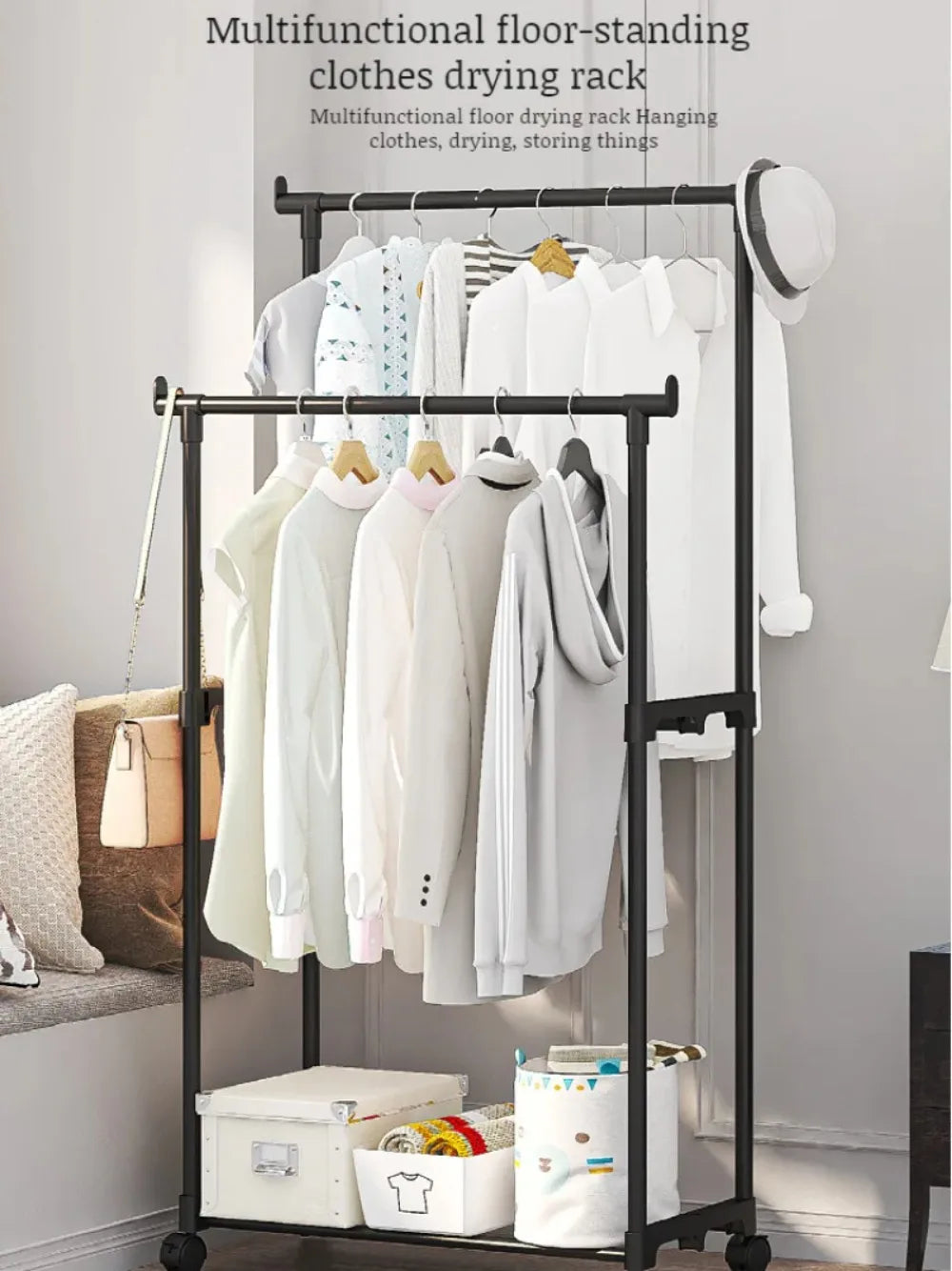 Double-Rod Clothes Rack Clothes Rack With Hooks Hanging Clothe Organizer For Bedroom Movable Bedroom Clothing Hanger With Wheels