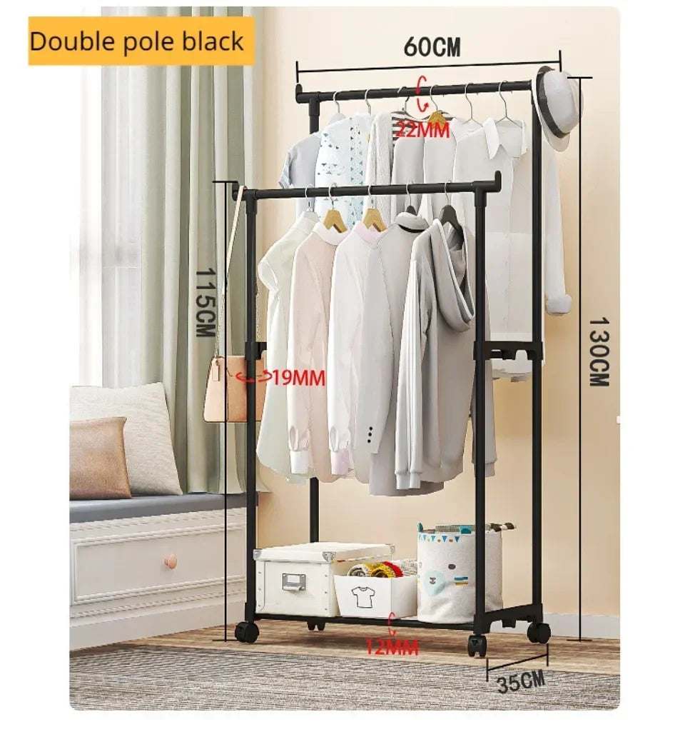 Double-Rod Clothes Rack Clothes Rack With Hooks Hanging Clothe Organizer For Bedroom Movable Bedroom Clothing Hanger With Wheels