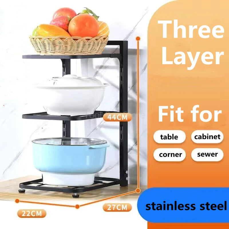 Pots and Pans Organizer Rack Kitchen Sink Shelf Holder Household Storage Cabinet Multi-Layer Frying Pan Organizer Bowl Shelf