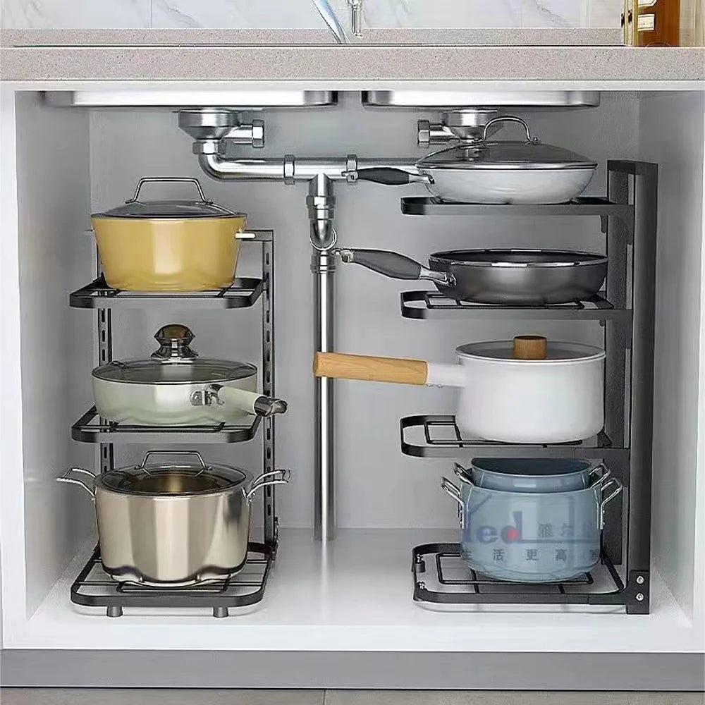 Pots and Pans Organizer Rack Kitchen Sink Shelf Holder Household Storage Cabinet Multi-Layer Frying Pan Organizer Bowl Shelf