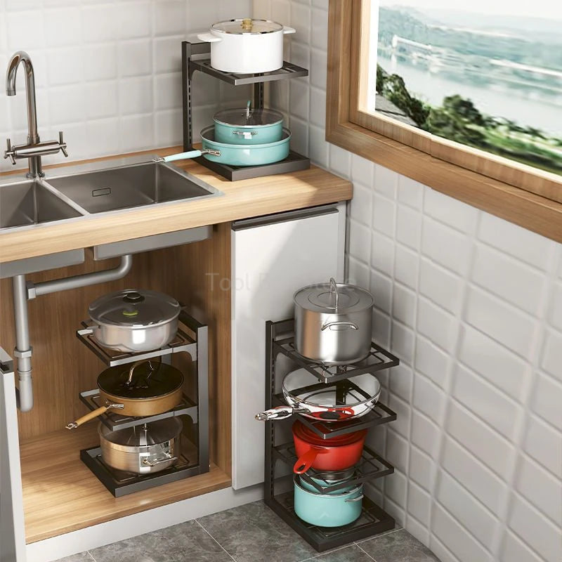 Pots and Pans Organizer Rack Kitchen Sink Shelf Holder Household Storage Cabinet Multi-Layer Frying Pan Organizer Bowl Shelf